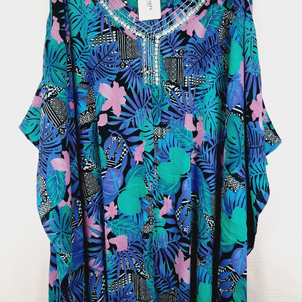 Jeweled Caftan Beach Cover Up Tropical Flora… - Picture 7 of 12